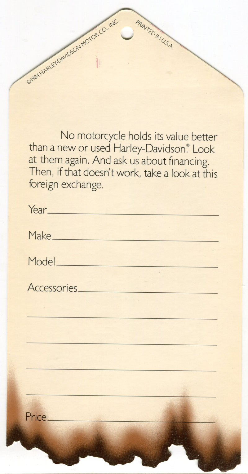 1984 Harley Davidson USED Motorcycles "Price Burner" Dealer Hang Tag NOS   - TvMovieCards.com