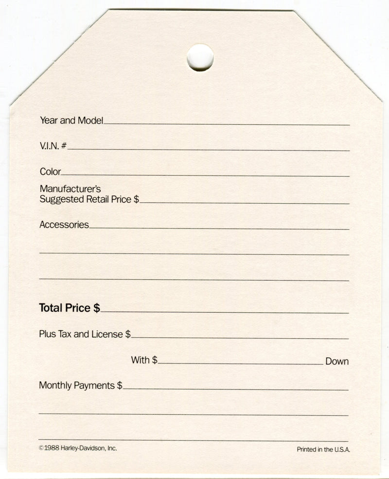 1988 Harley Davidson "Things Are Different On A Harley" Dealer Hang Tag NOS   - TvMovieCards.com