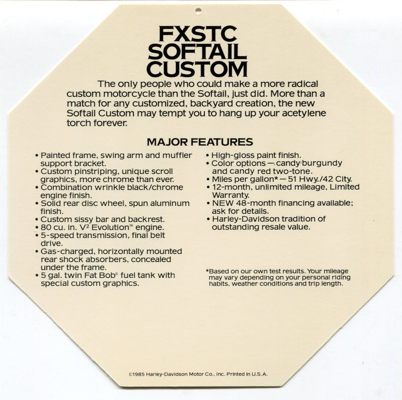 1985 Harley Davidson FXSTC Softail Custom "Stop Pretending" Dealer Hang Tag Disp   - TvMovieCards.com
