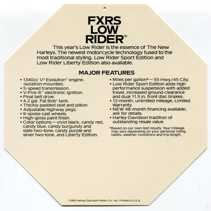 1985 Harley Davidson FXRS Low Rider "Stop Pretending" Dealer Hang Tag Display   - TvMovieCards.com