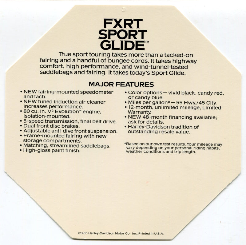 1985 Harley Davidson FXRT Sport Glide "Stop Pretending" Dealer Hang Tag Display   - TvMovieCards.com