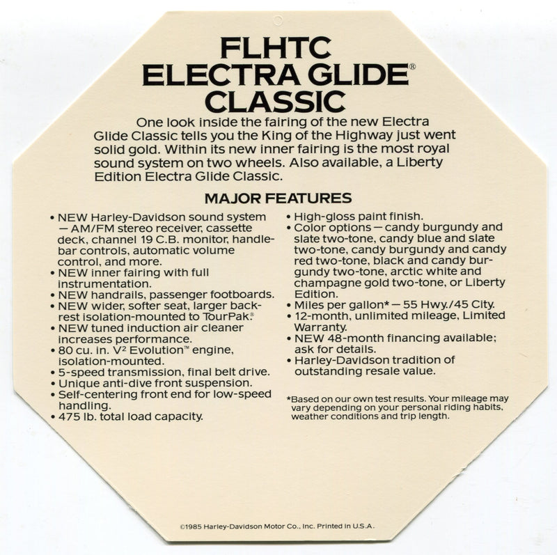 1985 Harley Davidson FLHTC Electra Glide Classic Stop Pretending Dealer Hang Tag   - TvMovieCards.com