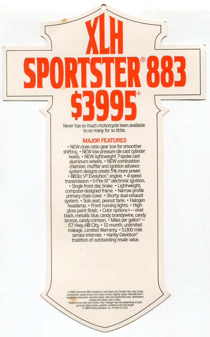1987 Harley Davidson XLH Sportster 883 "Things Are Different" Dealer Hang Tag   - TvMovieCards.com