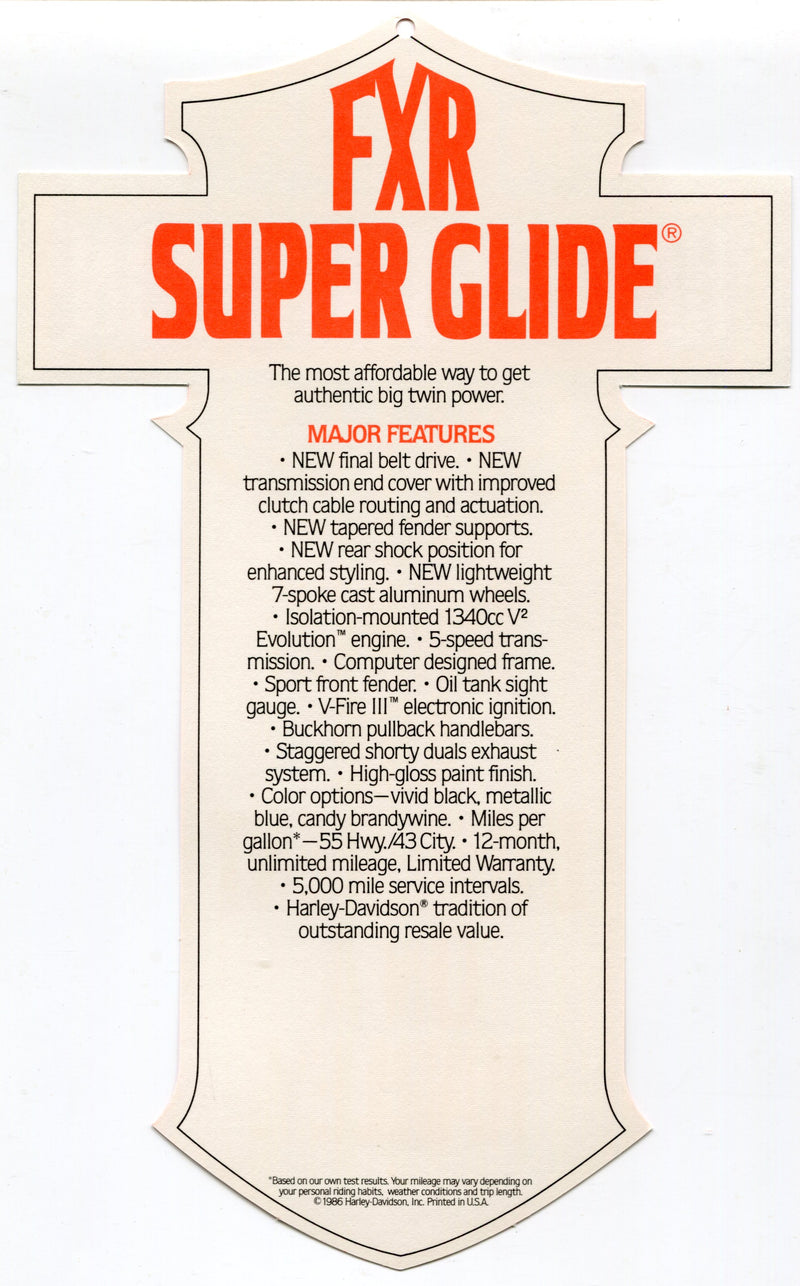 1986 Harley Davidson FXR Super Glide "Things Are Different" Dealer Hang Tag   - TvMovieCards.com