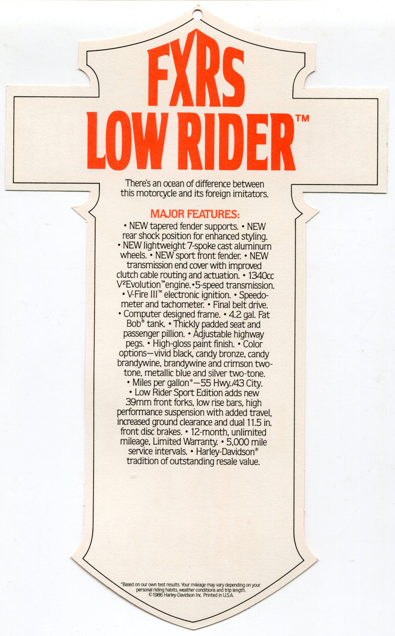 1987 Harley Davidson FXRS Low Rider "Things Are Different" Dealer Hang Tag   - TvMovieCards.com