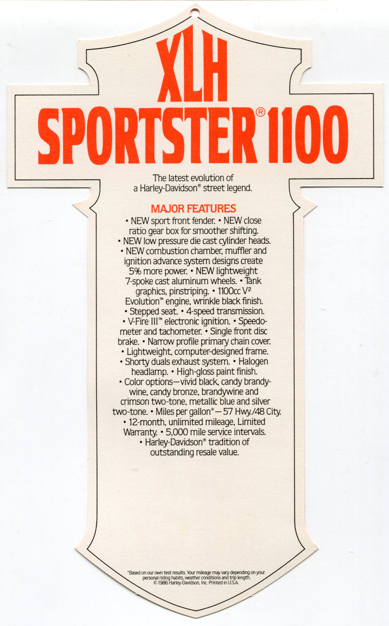 1987 Harley Davidson XLH Sportster 1100 "Things Are Different" Dealer Hang Tag   - TvMovieCards.com