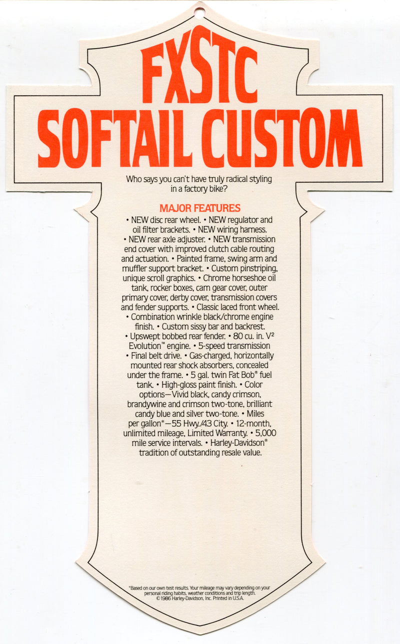 1987 Harley Davidson FXSTC Softail Custom "Things Are Different" Dealer Hang Tag   - TvMovieCards.com