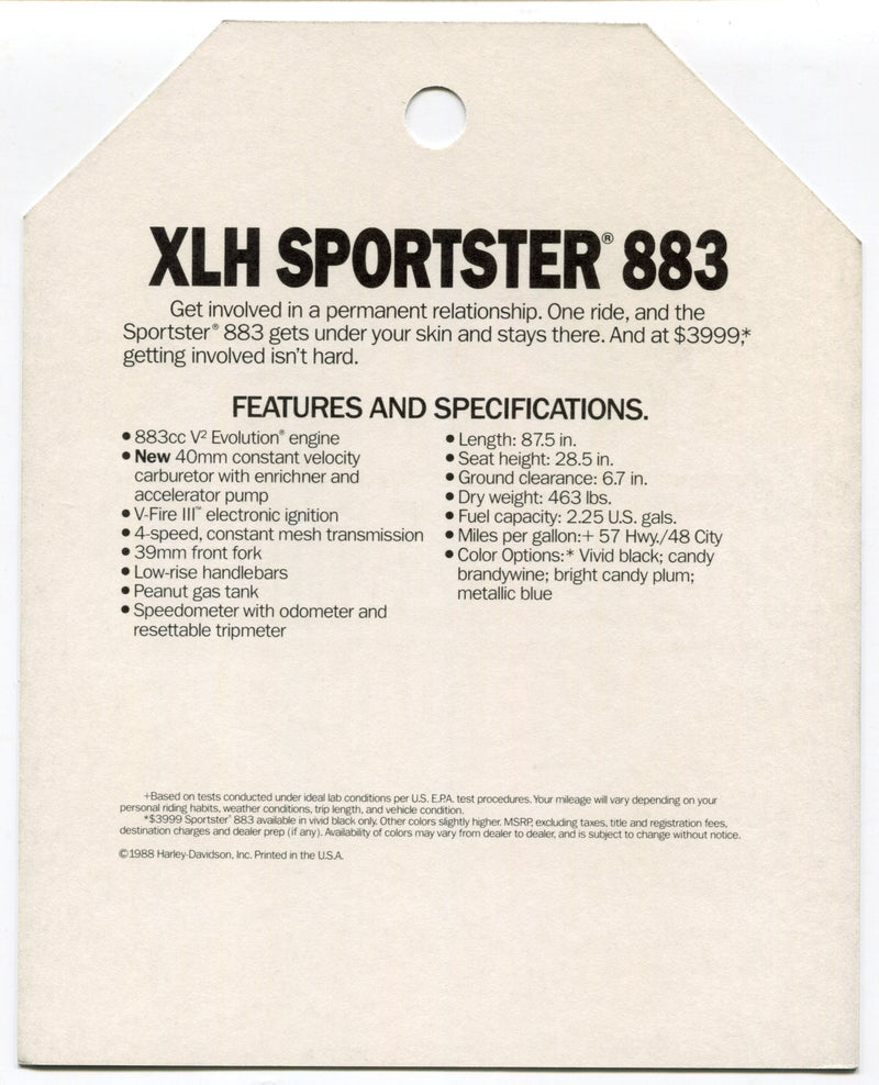 1989 Harley Davidson XLH Sportster 883 "Things Are Different" Dealer Hang Tag   - TvMovieCards.com