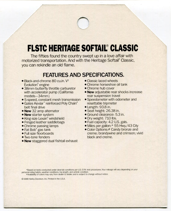 1989 Harley Davidson FLSTC Heritage Softail Things Are Different Dealer Hang Tag   - TvMovieCards.com