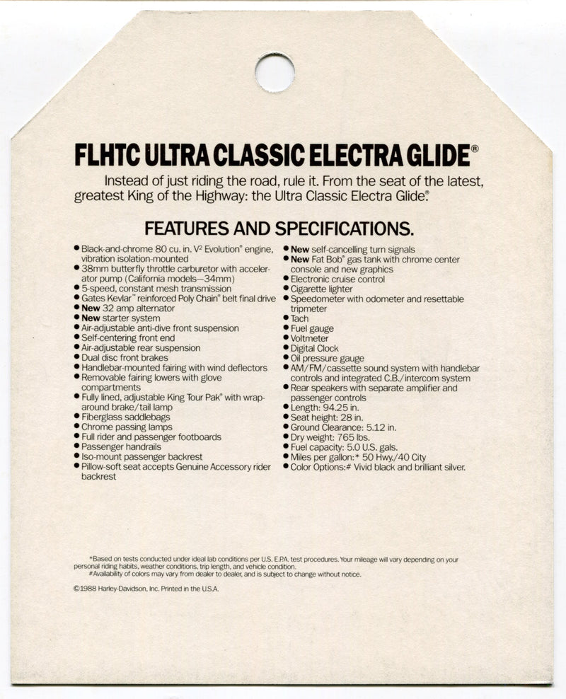1989 Harley Davidson FLHTC Ultra Classic Electra Glide Dealer Hang Tag   - TvMovieCards.com
