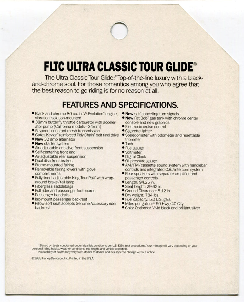 1989 Harley Davidson FLTC Ultra Classic Tour Glide Dealer Hang Tag   - TvMovieCards.com