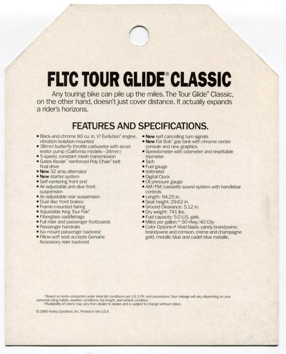 1989 Harley Davidson FLTC Tour Glide Classic Dealer Hang Tag   - TvMovieCards.com