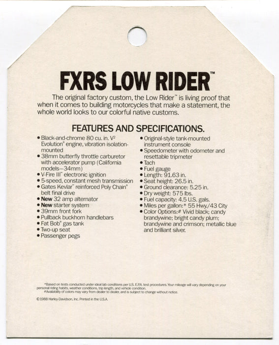 1989 Harley Davidson FXRS Low Rider "Things Are Different" Dealer Hang Tag   - TvMovieCards.com
