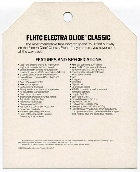 1989 Harley Davidson FLHTC Electra Glide Classic Dealer Hang Tag — TvMovieCards.com