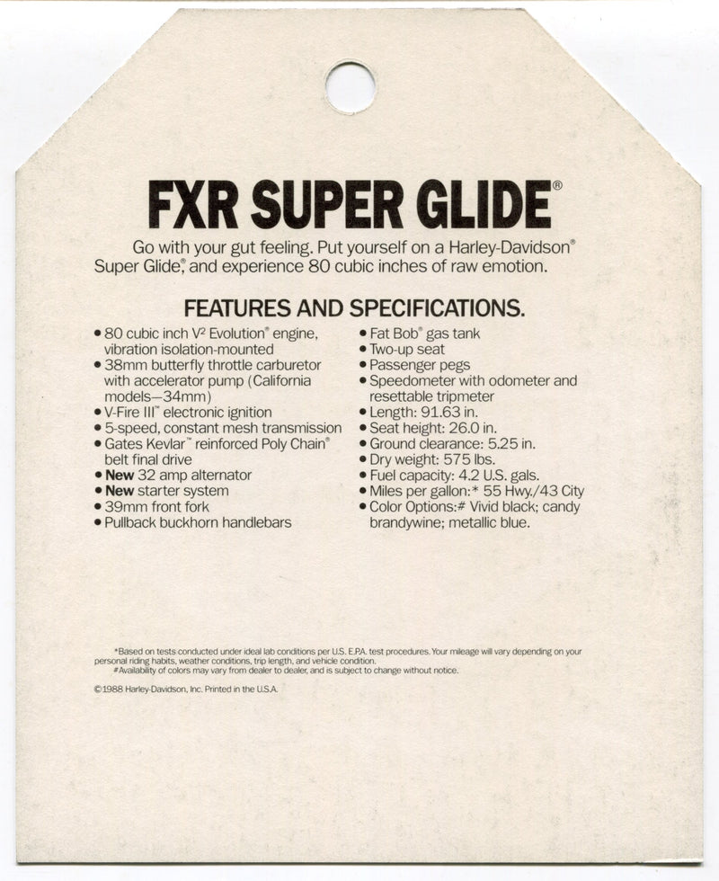 1989 Harley Davidson FXR Super Glide "Things Are Different" Dealer Hang Tag   - TvMovieCards.com