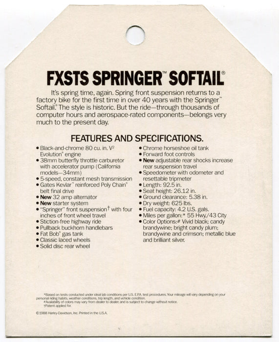 1989 Harley Davidson FXSTS Springer Softail Things Are Different Dealer Hang Tag   - TvMovieCards.com