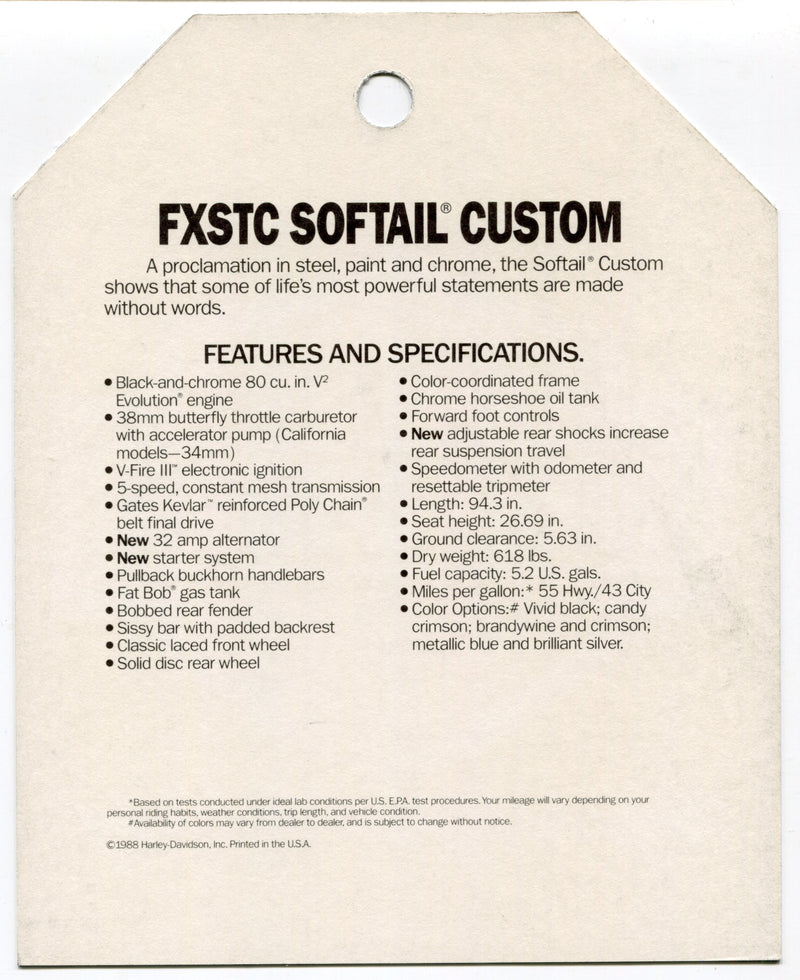 1989 Harley Davidson FXSTC Softail Custom "Things Are Different" Dealer Hang Tag   - TvMovieCards.com