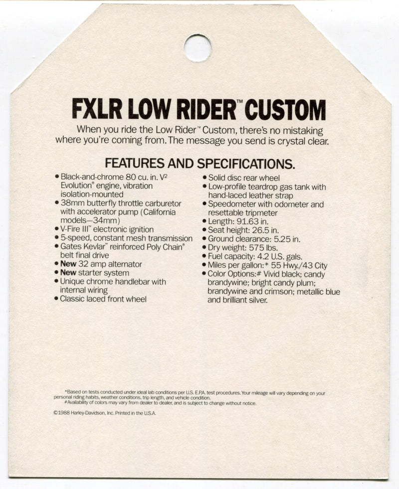 1989 Harley Davidson FXLR Low Rider Custom "Things Are Different Dealer Hang Tag   - TvMovieCards.com