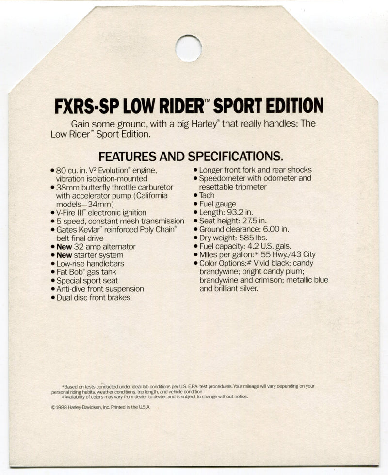 1989 Harley Davidson FXRS-SP Lower Rider Sport Edition Dealer Hang Tag   - TvMovieCards.com
