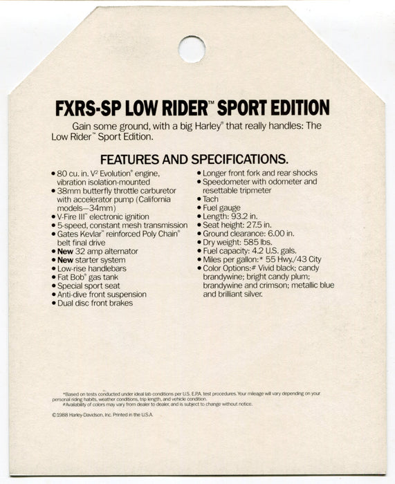 1989 Harley Davidson FXRS-SP Lower Rider Sport Edition Dealer Hang Tag   - TvMovieCards.com