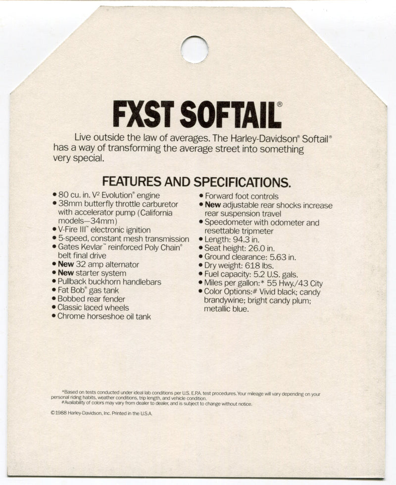 1989 Harley Davidson FXST Softail "Things Are Different" Dealer Hang Tag   - TvMovieCards.com