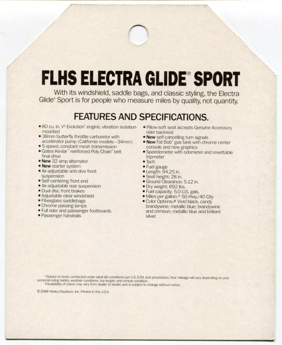 1989 Harley Davidson FLHS Electra Glide Sport Dealer Hang Tag   - TvMovieCards.com