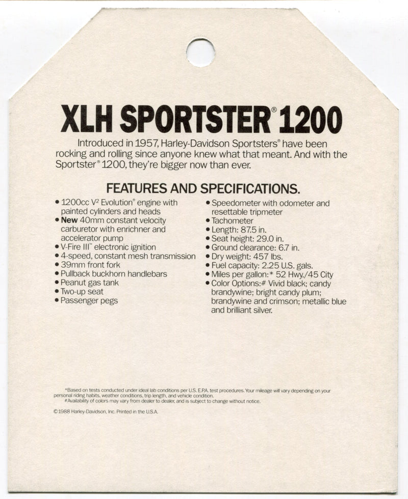 1989 Harley Davidson XLH Sportster 1200 "Things Are Different" Dealer Hang Tag   - TvMovieCards.com