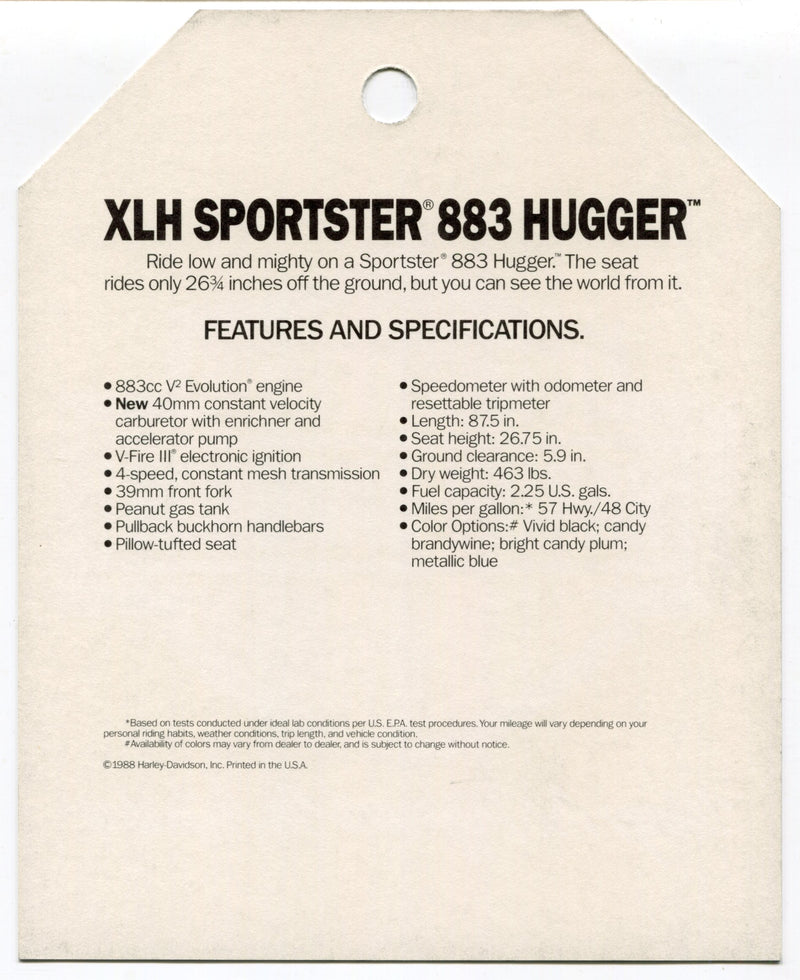 1989 Harley Davidson XLH Sportster 883 Hugger Dealer Hang Tag   - TvMovieCards.com