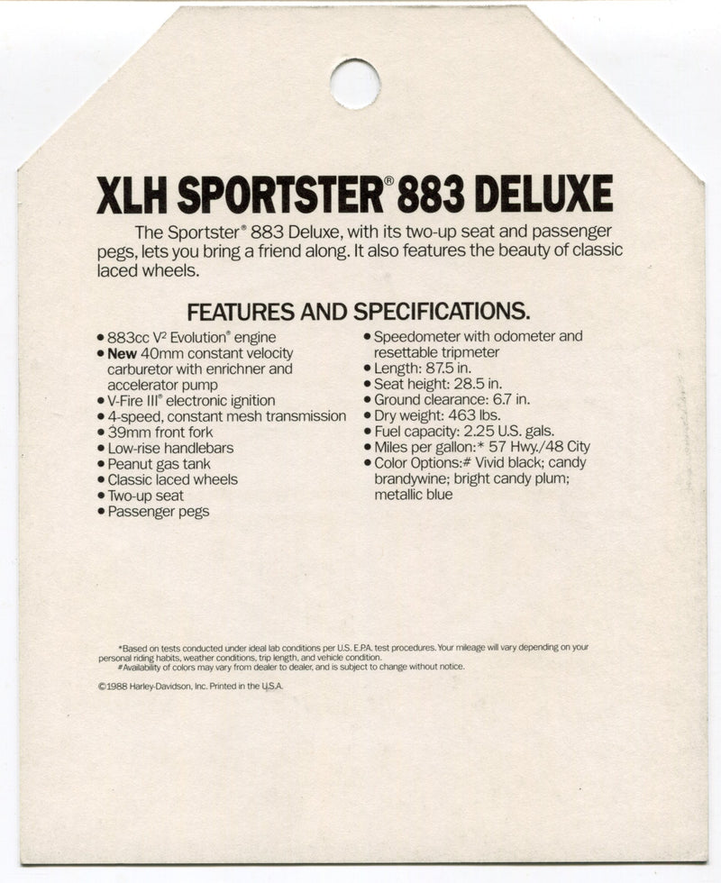 1989 Harley Davidson XLH Sportster 883 Deluxe Dealer Hang Tag   - TvMovieCards.com