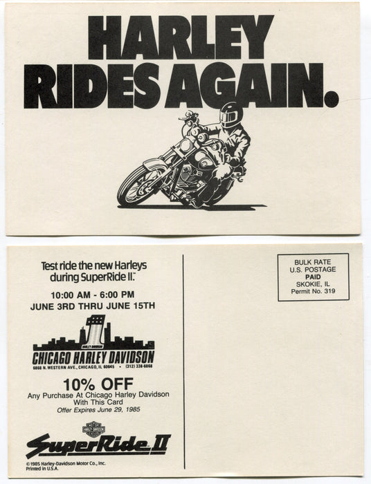 (2) 1985 Chicago Harley Davidson "Harley Rides Again" Promotion Postcard 4x6   - TvMovieCards.com
