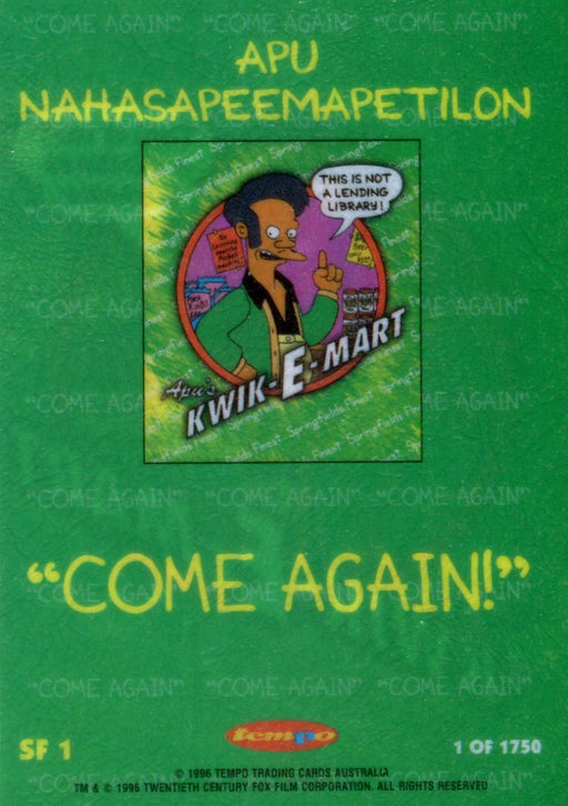 1996 The Simpsons Down Under Springfield's Finest Apu's Kwik E Mart Chase Card S - TvMovieCards.com