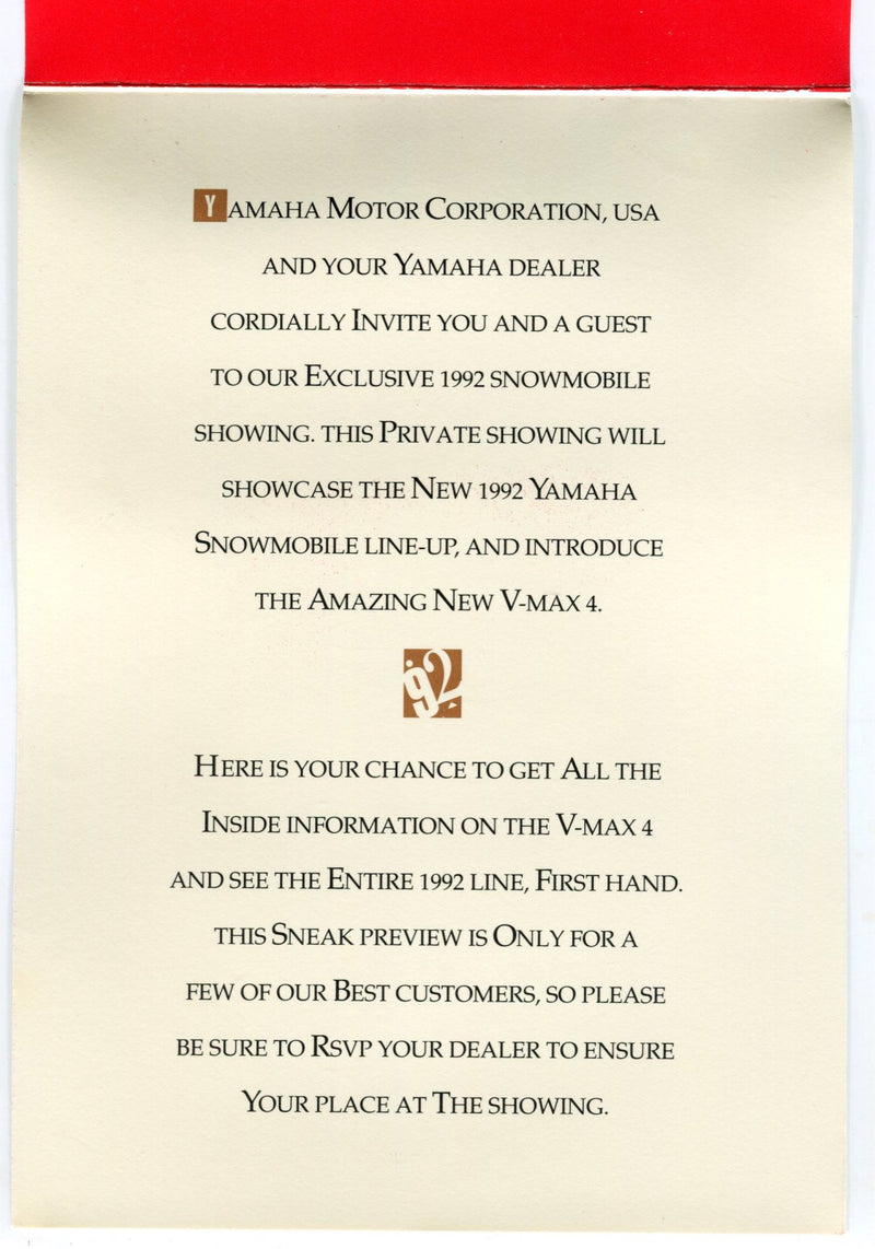 1992 Yamaha Snowmobile Preview Event Invitation V-Max 4 Sneak Preview   - TvMovieCards.com
