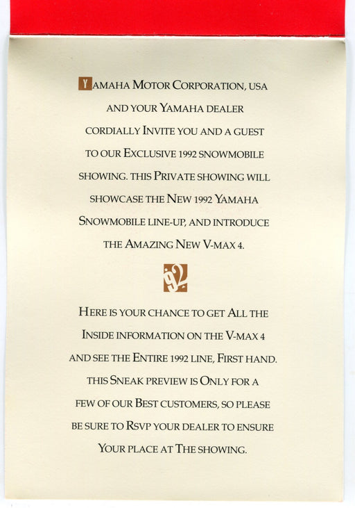 1992 Yamaha Snowmobile Preview Event Invitation V-Max 4 Sneak Preview   - TvMovieCards.com