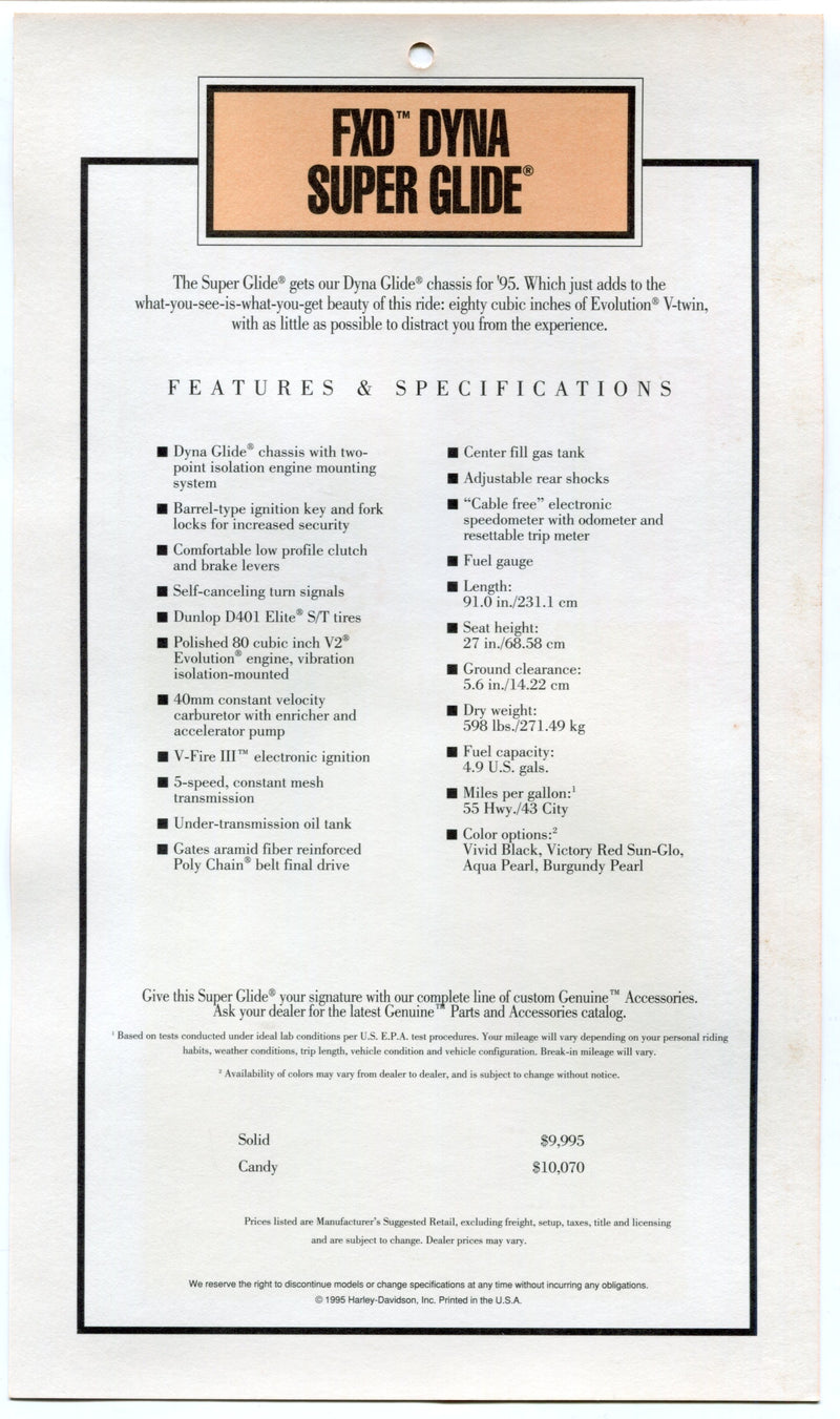1995 Harley Davidson FXD Dyna Super Glide Dealer Showroom Hang Tag   - TvMovieCards.com