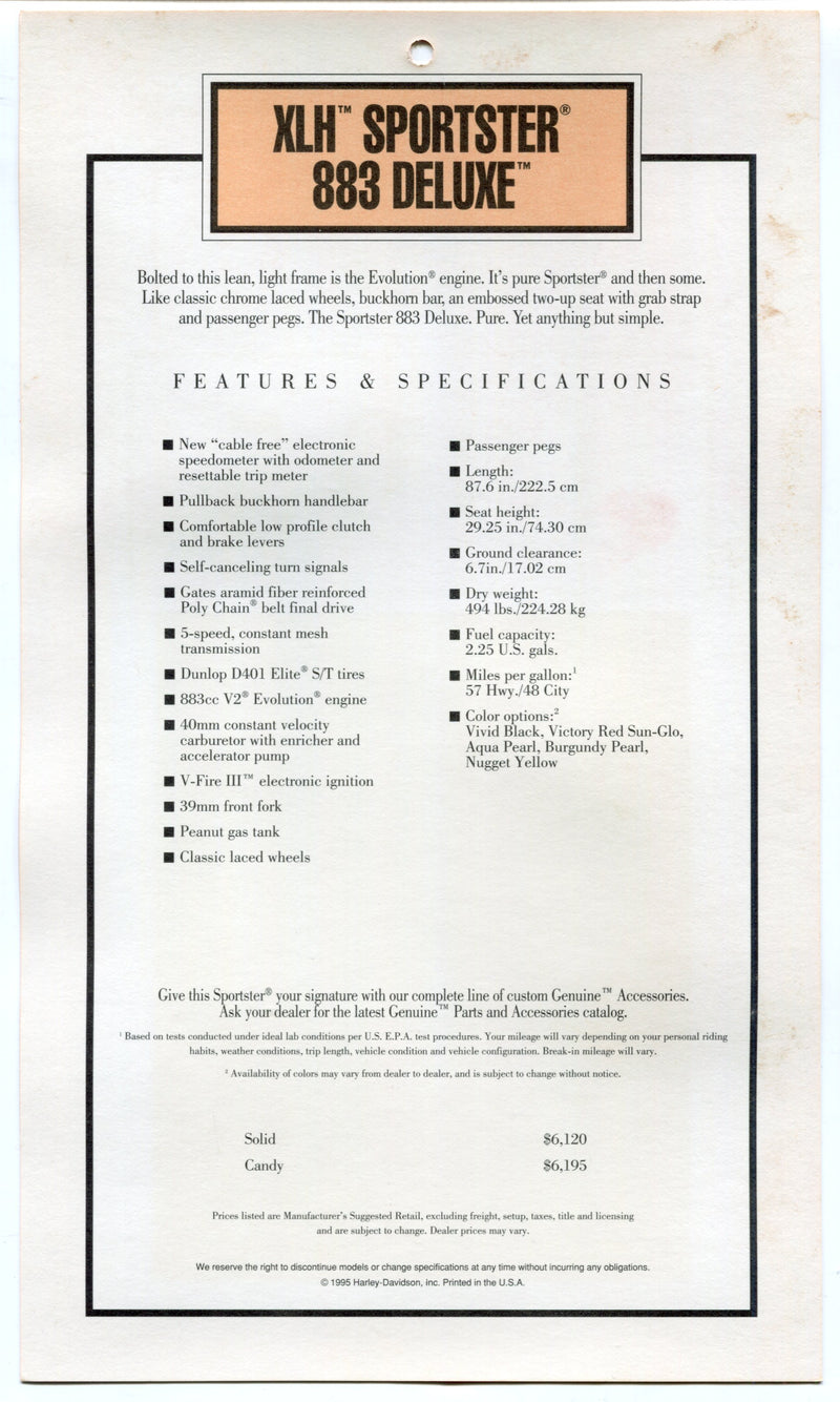 1995 Harley Davidson XLH Sportster 883 Deluxe Dealer Showroom Hang Tag   - TvMovieCards.com
