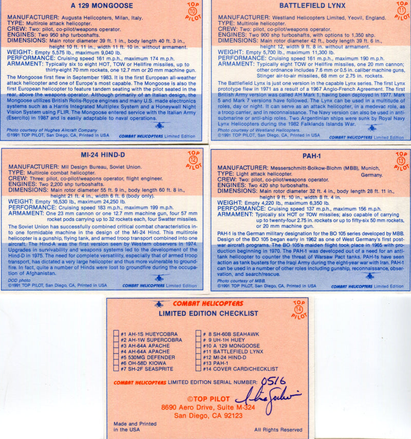 Combat Helicopters Top Pilot Series 1 Trading Card Set 14 Cards Top Pilot 1991   - TvMovieCards.com