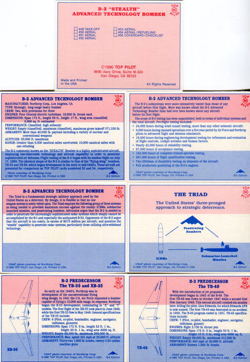 Stealth Bomber B-2 Edition Top Pilot Trading Card Set 7 Cards Top Pilot 1990   - TvMovieCards.com