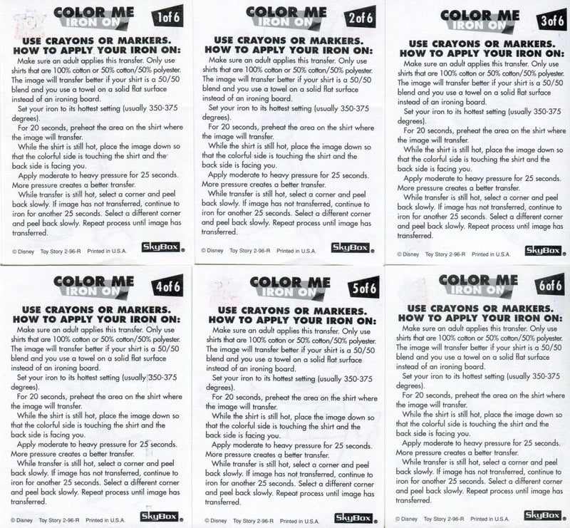 Toy Story Series 2 Disney Movie Color Me Iron Ons Chase Card Set 6 Cards Skybox   - TvMovieCards.com