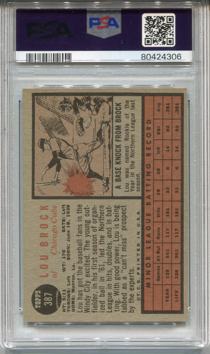 1962 Topps Baseball Card #387 - Lou Brock Rookie - Chicago Cubs - PSA 4 EX   - TvMovieCards.com