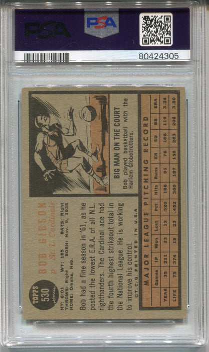 1962 Topps Baseball Card #530 - Bob Gibson - St Louis Cardinals - PSA 5 EX   - TvMovieCards.com