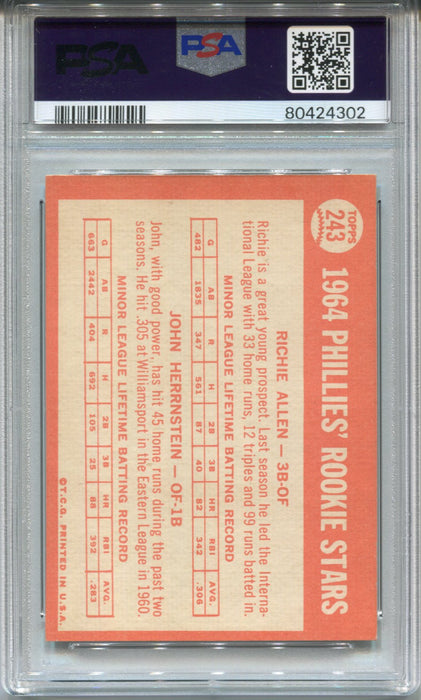 1964 Topps Baseball Card #243 Phillies Rookies Allen John Herrnstein PSA 5 EX   - TvMovieCards.com