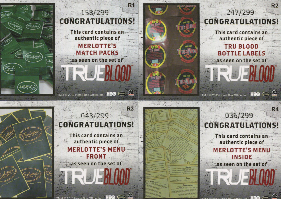True Blood Archives Relic Prop Card Set 4 Cards R1 thru R4 #'d/299   - TvMovieCards.com