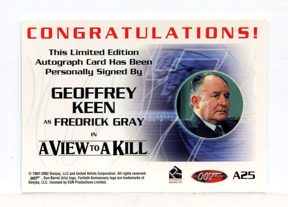 James Bond 40th Anniversary Expansion Geoffrey Keen Autograph Card A25   - TvMovieCards.com