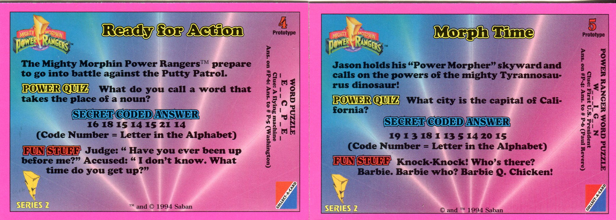 Power Rangers Series 2 Hobby Promo Card Lot 2 Cards #4 and #5 1994   - TvMovieCards.com
