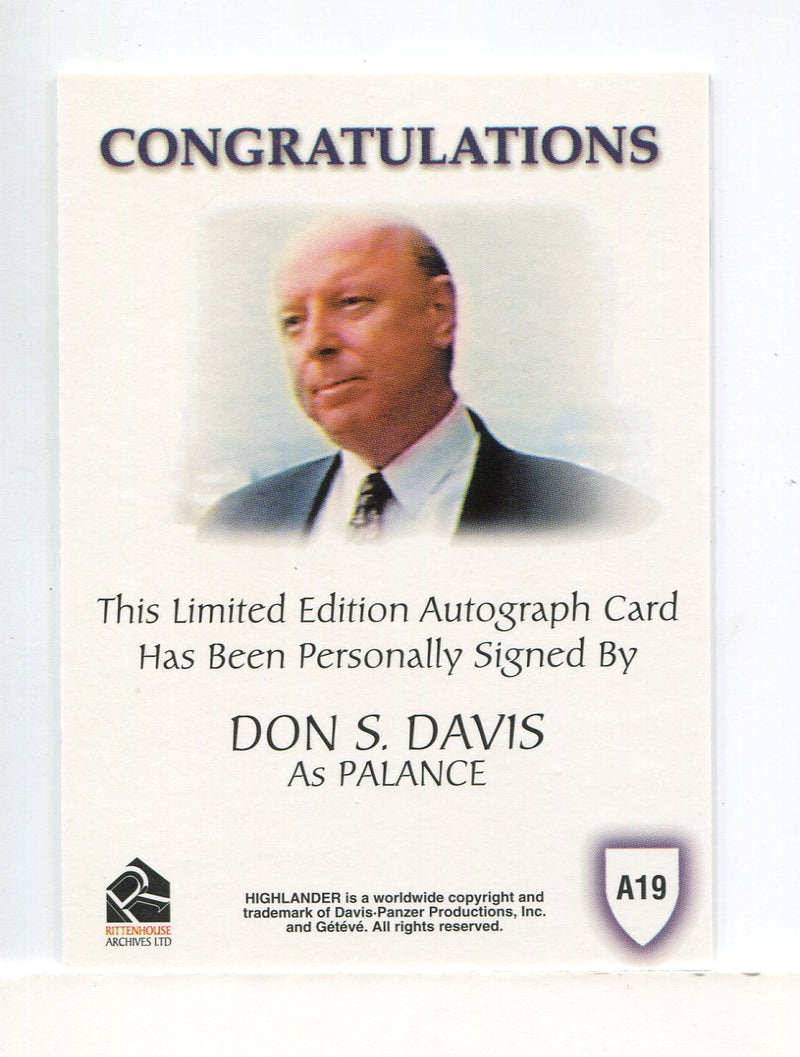 Highlander Complete Don S. Davis as Palance Autograph Card A19   - TvMovieCards.com