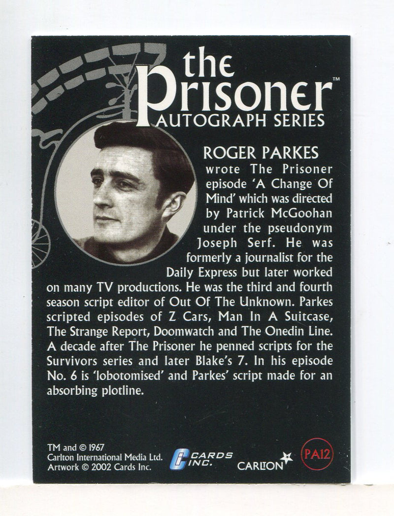 Prisoner Scriptwriter Roger Parkes Scriptwriter Autograph Card PA12   - TvMovieCards.com