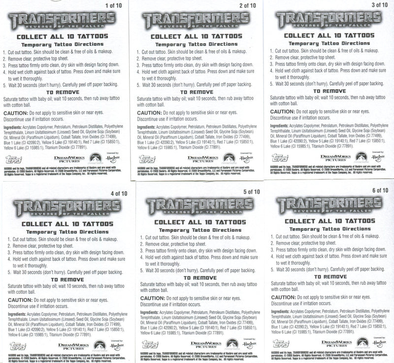 Transformers Revenge of Fallen Tattoos Chase Card Set 10 Cards Topps 2009   - TvMovieCards.com