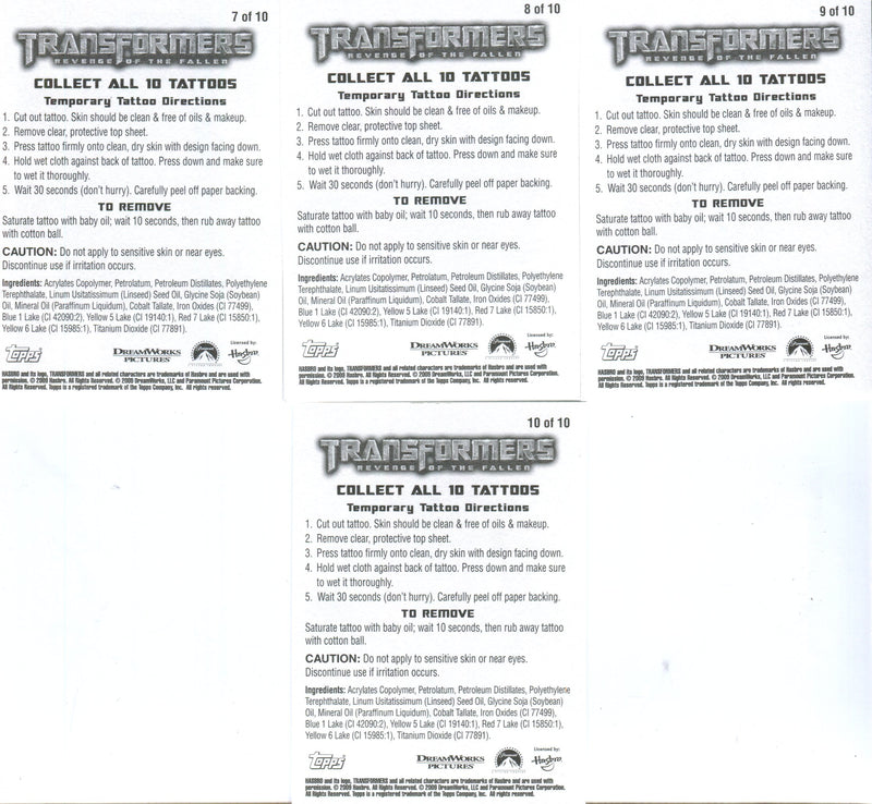 Transformers Revenge of Fallen Tattoos Chase Card Set 10 Cards Topps 2009   - TvMovieCards.com