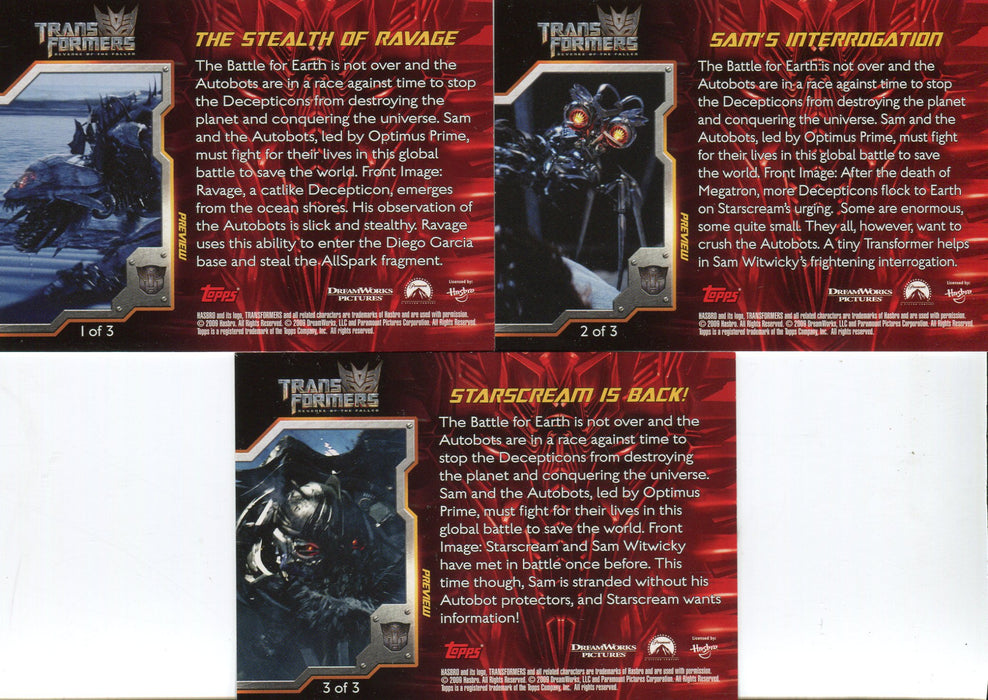 Transformers Revenge of Fallen Preview Card Set 3 Cards Topps 2009   - TvMovieCards.com