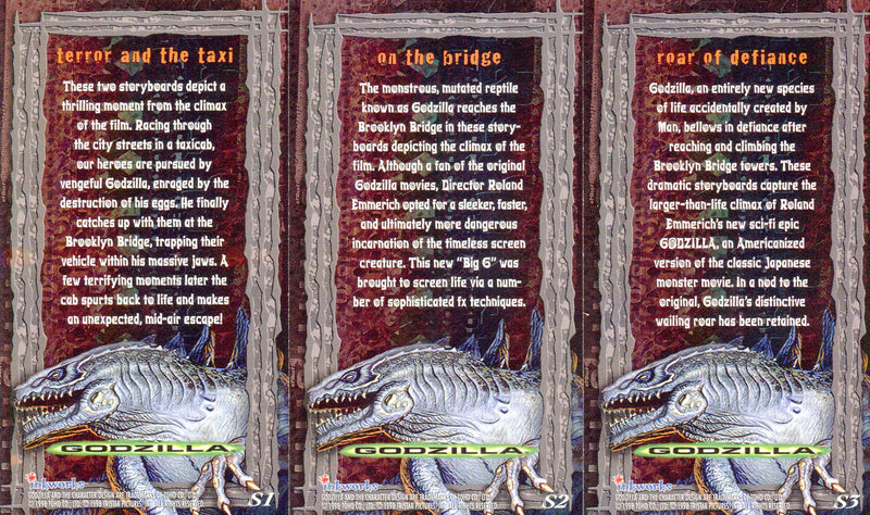 Godzilla The Movie Supervue Widevision Silverzilla Foil Chase Card Set S1-3   - TvMovieCards.com